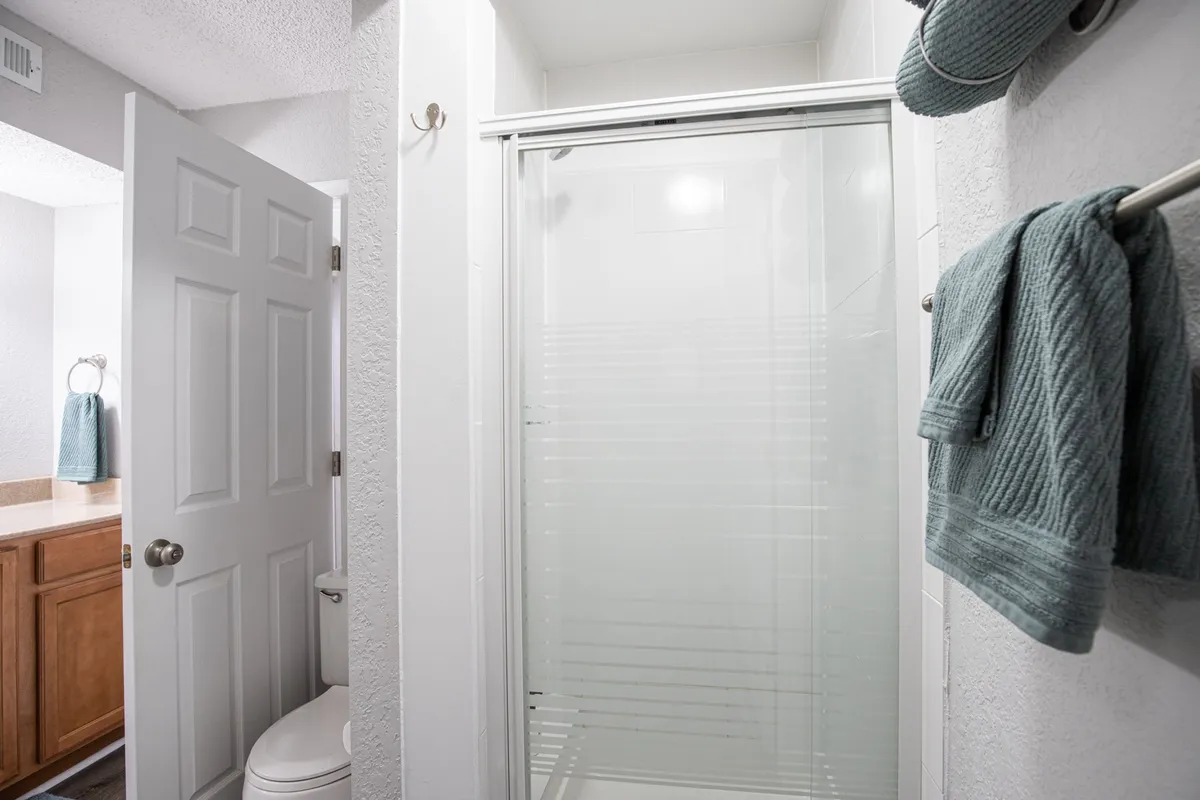 A modern bathroom with a shower stall, vanity, and neatly arranged towels. The space is bright and tidy, offering a spa-like environment for personal care.